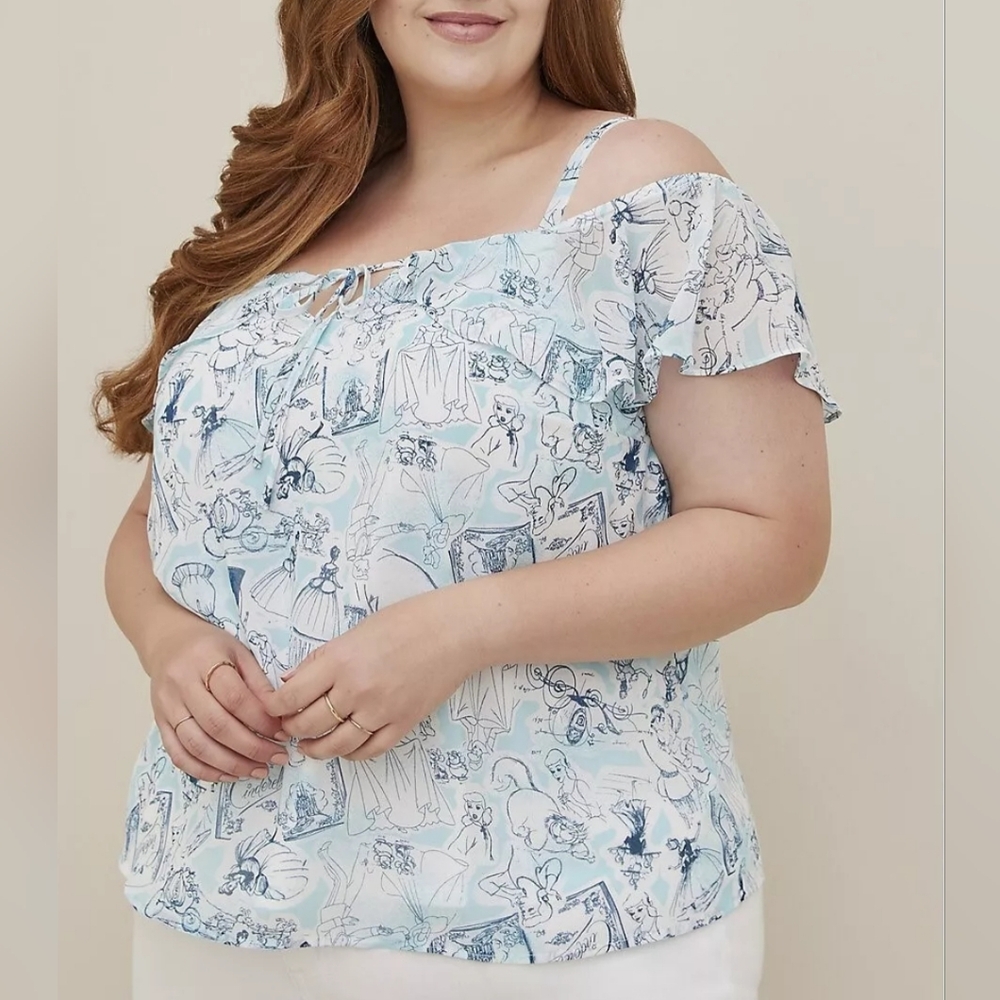 SOLD Disney Princess Cinderella Shirt 4 X Torrid Cold Shoulder White Blue Sketch